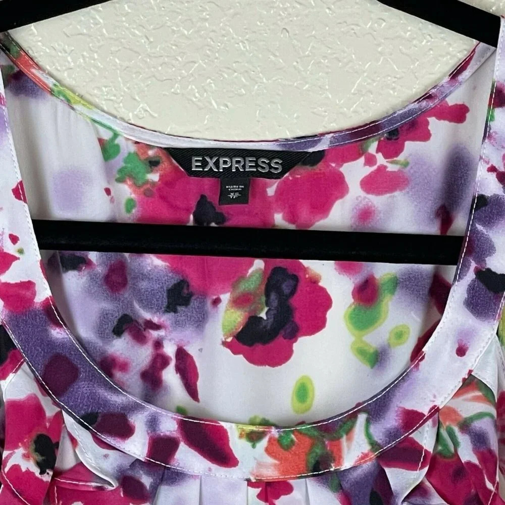 EXPRESS Dress Women's Sz XS A-Line Scoop Neck Belted Pocket Floral Pink Purple - Picture 6 of 11